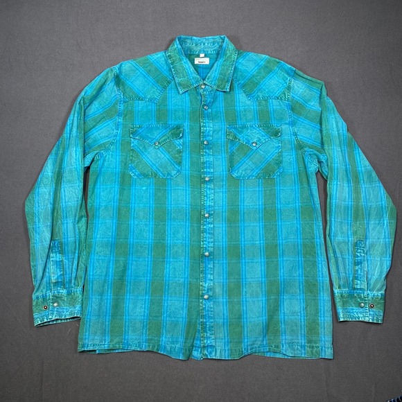 Gramicci Shirt Men Large Plaid Western Long Sleeve Button Up Turquoise Green Top - Picture 1 of 10